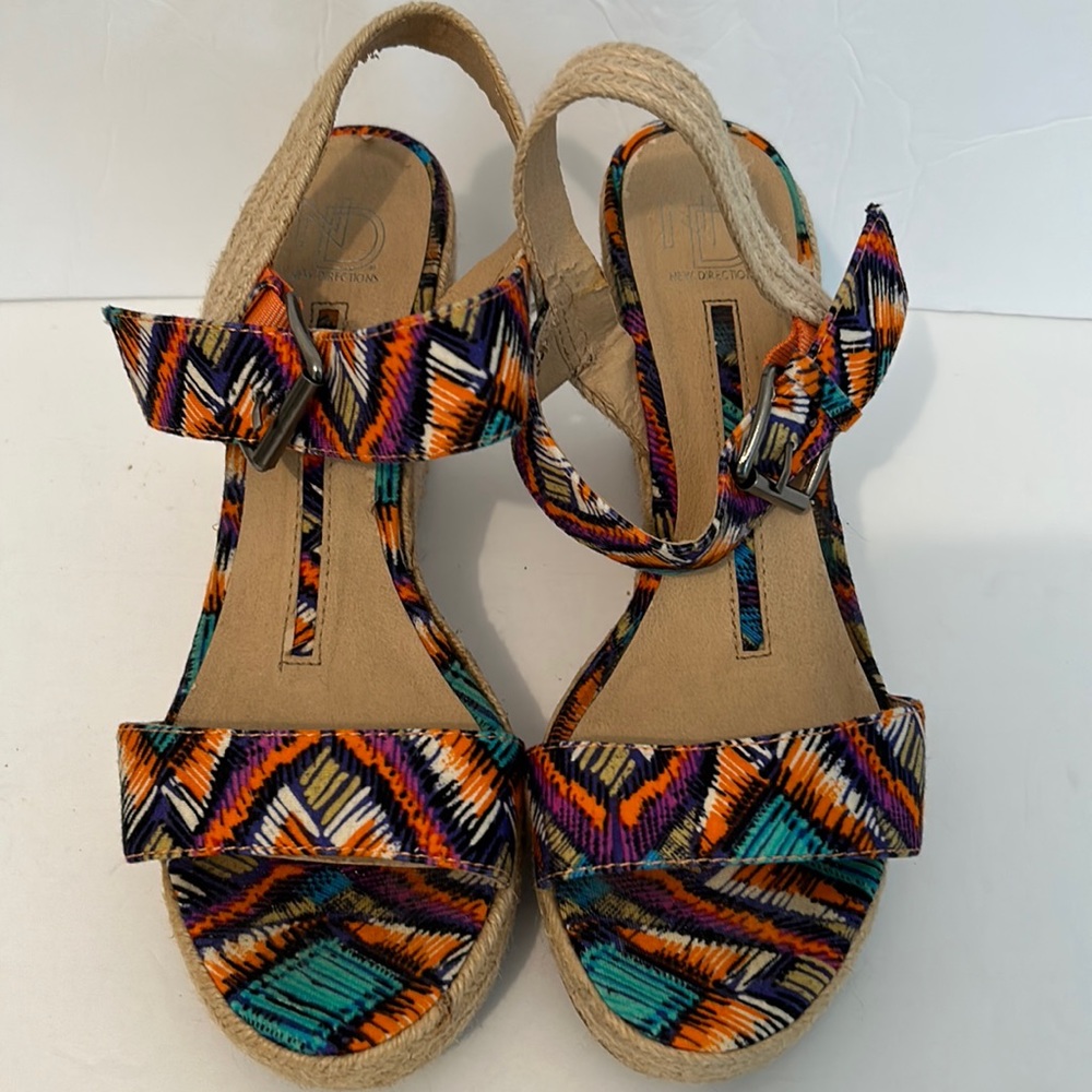 New Direction Multi Color Wedge Sandal Women’s 8.5 Fabric & Jute Boho Casual